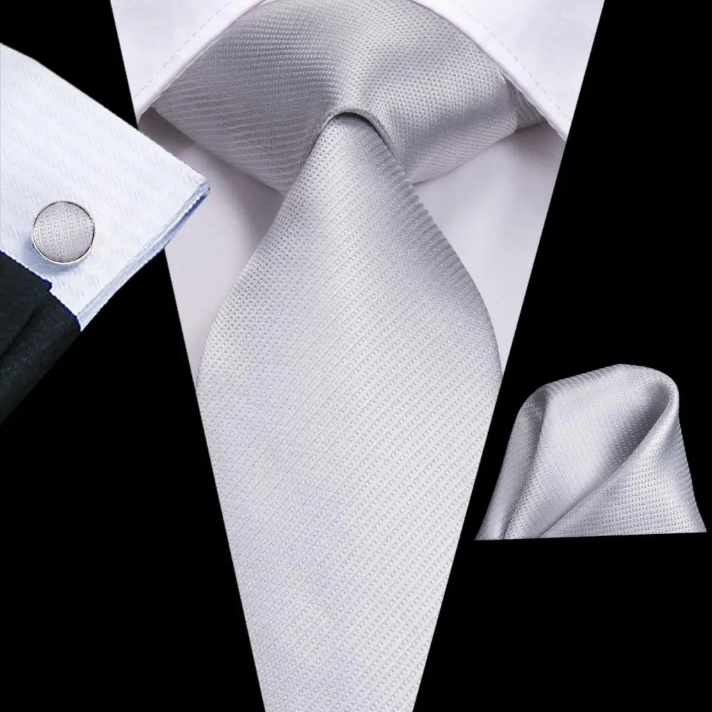 Gravatas masculinas branco sliver hanky abotoaduras conjunto de seda pescoço laços para festa de casamento negócios gravata masculina 2022 nova marca de moda hi-tie