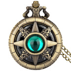 Exquisite Emerald-Green Stone Bronze Case Quartz Pocket Watch, Simples Dial Branco Cadeia Relógio, Colar Pingente para Homens e Mulheres