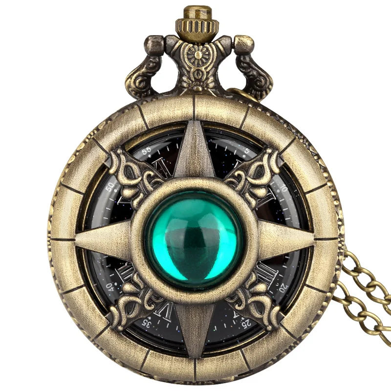 Exquisite Emerald-Green Stone Bronze Case Quartz Pocket Watch, Simples Dial Branco Cadeia Relógio, Colar Pingente para Homens e Mulheres