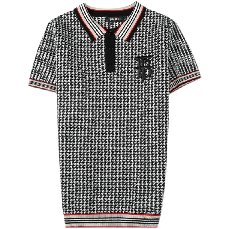 Estilo britânico verão lapela manga curta de malha camisa polo roupas masculinas 2022 houndstooth bordado fino ajuste camisa casual