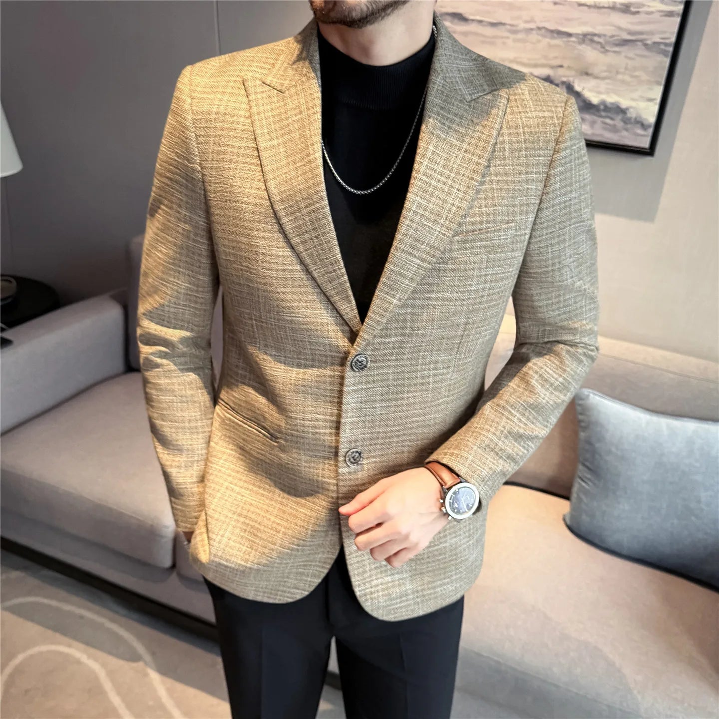 Outono inverno grosso lã xadrez terno jaqueta 2025 novo masculino fino ajuste casual moda formal negócios socia festa jaqueta casacos