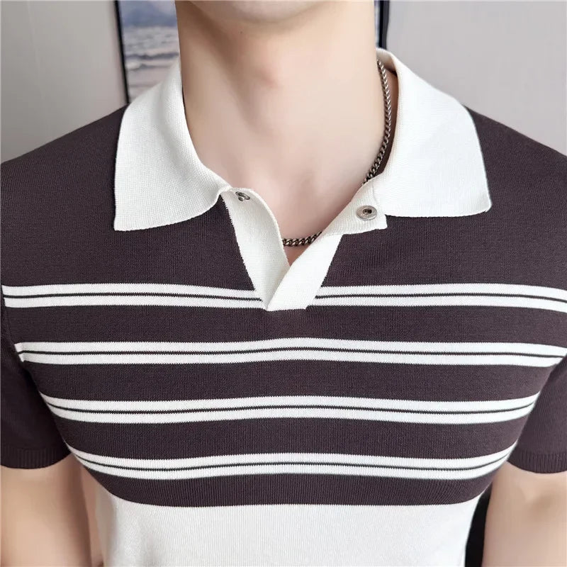 Verão gelo seda com decote em v emendado malha polos camisas 2025 de alta qualidade listrado casual negócios lapela versátil camiseta masculina