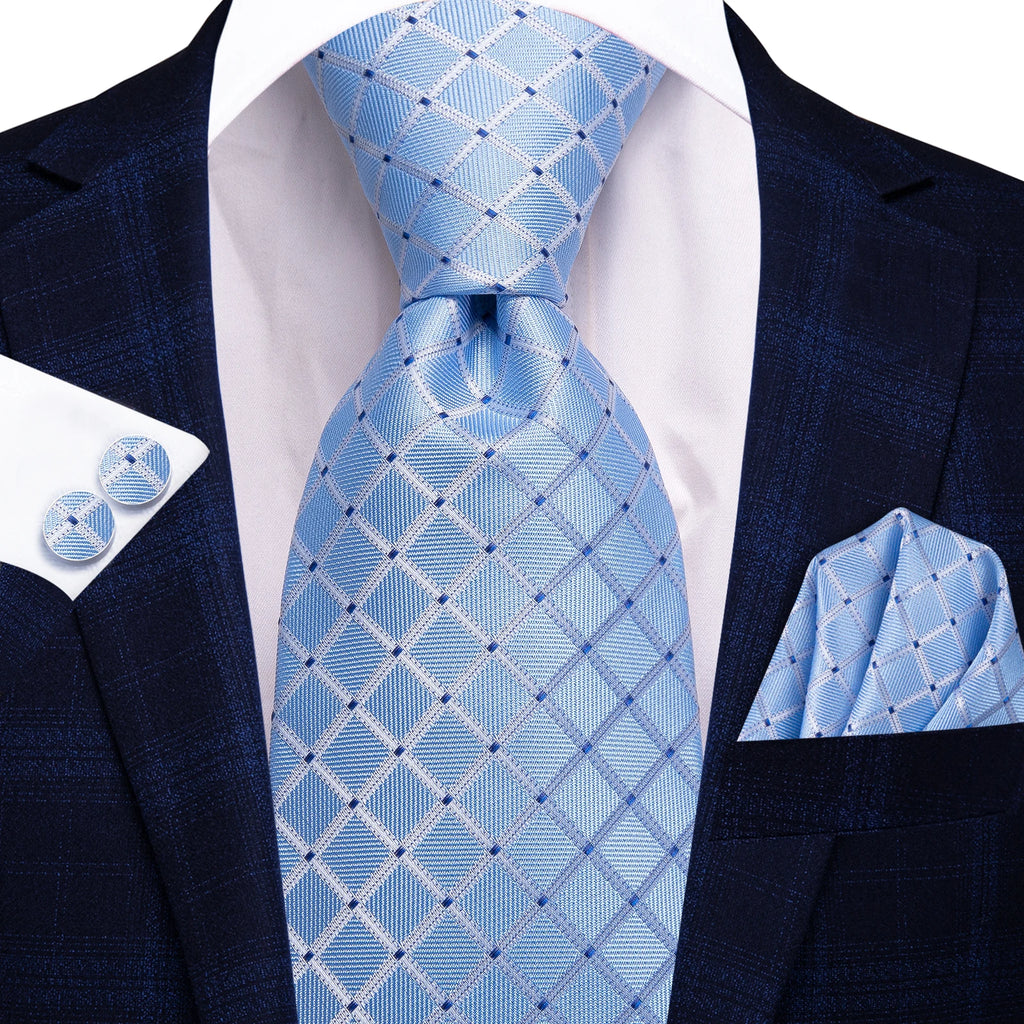 Hi-tie masculino elegante gravata lenço abotoaduras 3 pçs conjunto xadrez azul claro para smoking moda clássico seda luxo gravata para homem