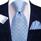 Hi-tie masculino elegante gravata lenço abotoaduras 3 pçs conjunto xadrez azul claro para smoking moda clássico seda luxo gravata para homem