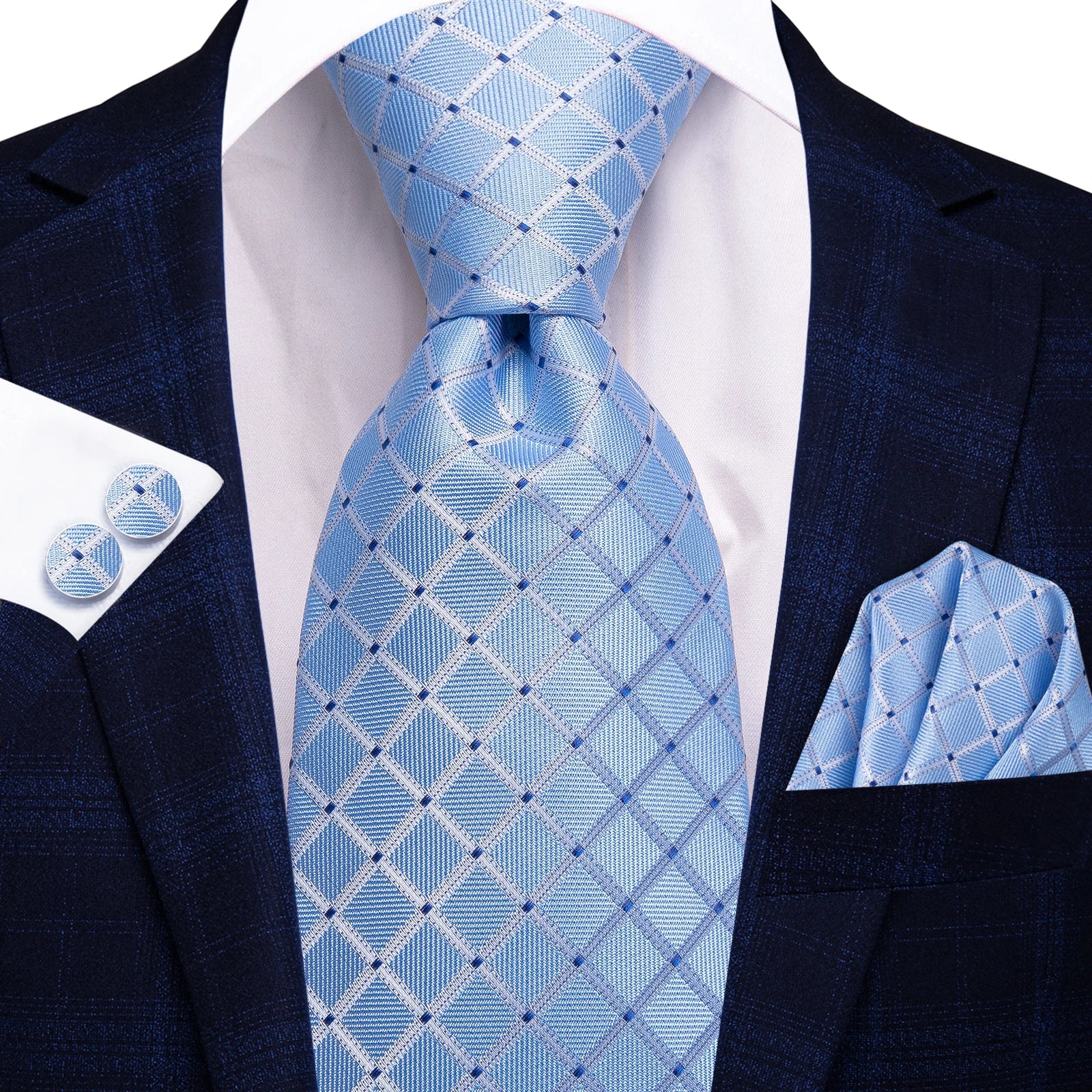 Hi-tie masculino elegante gravata lenço abotoaduras 3 pçs conjunto xadrez azul claro para smoking moda clássico seda luxo gravata para homem