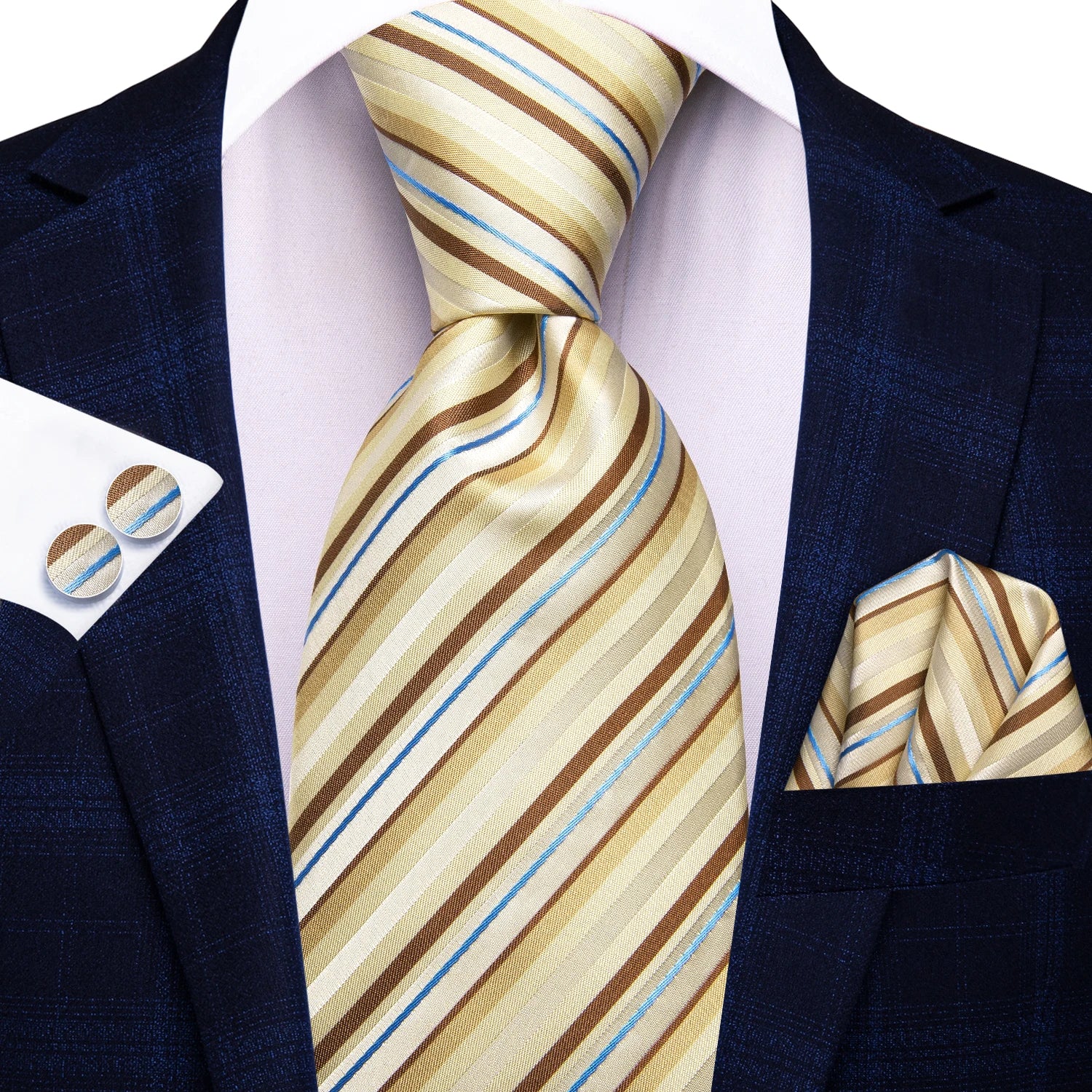 Hi-tie floral champanhe marfim masculino elegante gravata lenço abotoaduras para smoking moda clássico seda gravata de luxo para homem