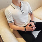 Camisa polo de seda gelo de malha com decote em v masculina 2025 verão moda sólida manga curta t camisa masculina fino ajuste casual camisetas topos