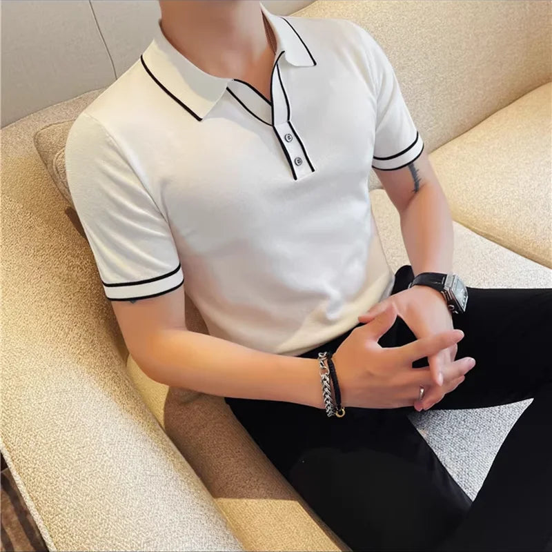 Camisa polo de seda gelo de malha com decote em v masculina 2025 verão moda sólida manga curta t camisa masculina fino ajuste casual camisetas topos
