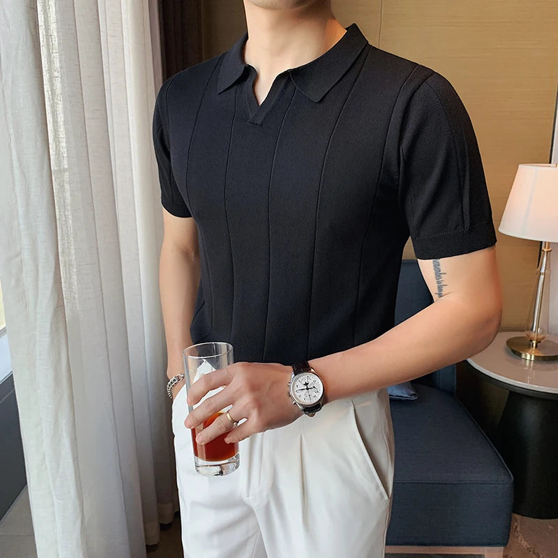 Estilo britânico v pescoço polo camisa dos homens de verão manga curta tricô t moda lapela cor sólida fino ajuste negócios polos casuais