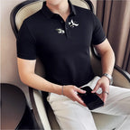 Moda verão novas camisas polo bordadas 2025 masculina de alta qualidade manga curta fino ajuste elástico casual camiseta topo roupas masculinas