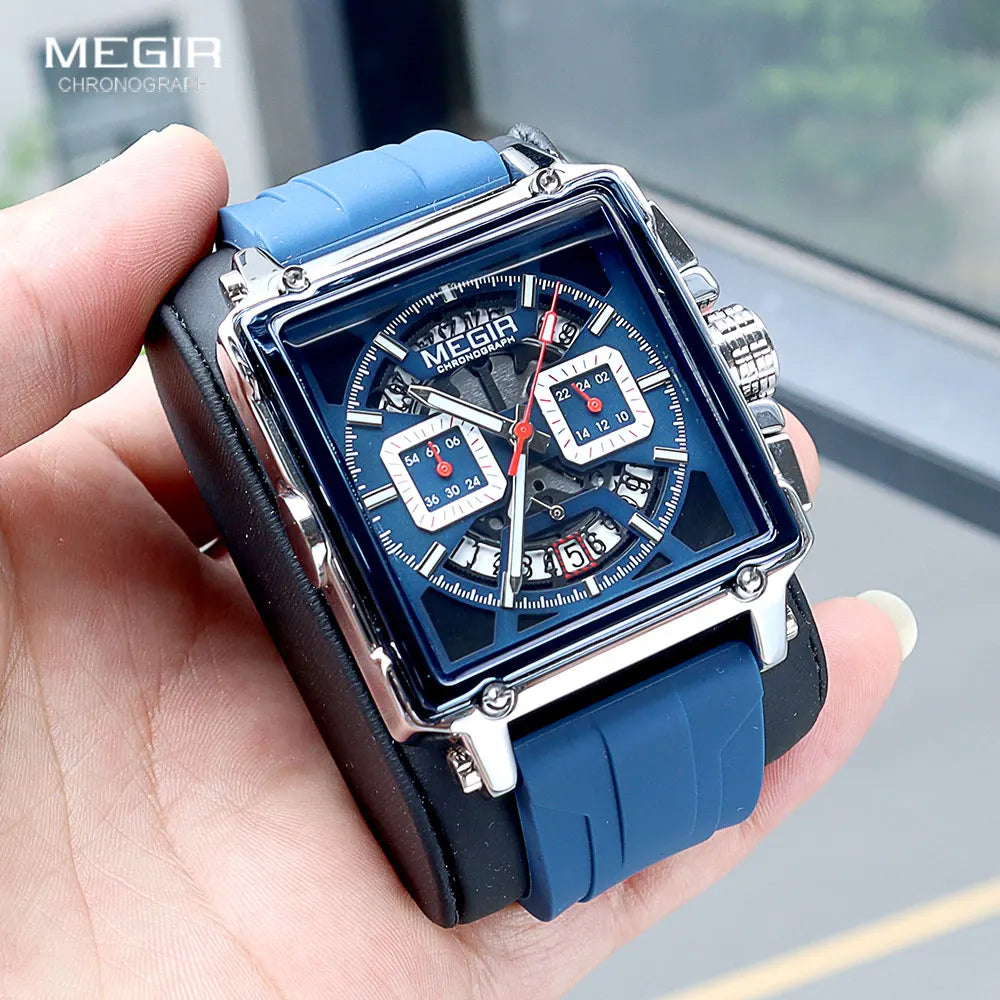 MEGIR-Relógio de quartzo quadrado masculino, moda, impermeável, luminoso, cronógrafo, data, azul, Silicone Strap, esporte, 2233