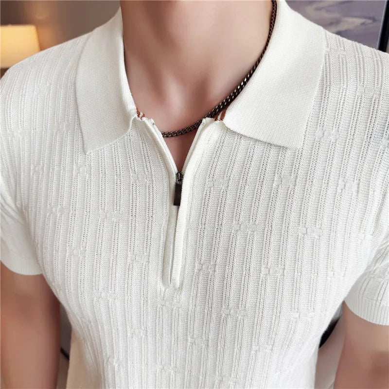 Verão gelo seda oco malha polos camisa de alta qualidade dos homens manga curta listrado negócios casual camiseta topos roupas masculinas 3xl