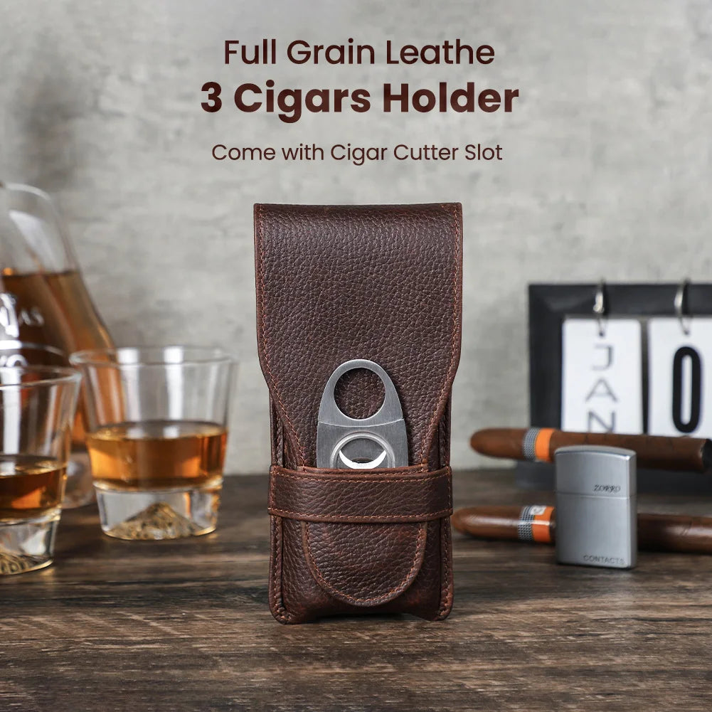 Suporte de charutos de 3 dedos em couro genuíno vintage, caixa portátil do humidor com estojo cortador, saco de presente masculino
