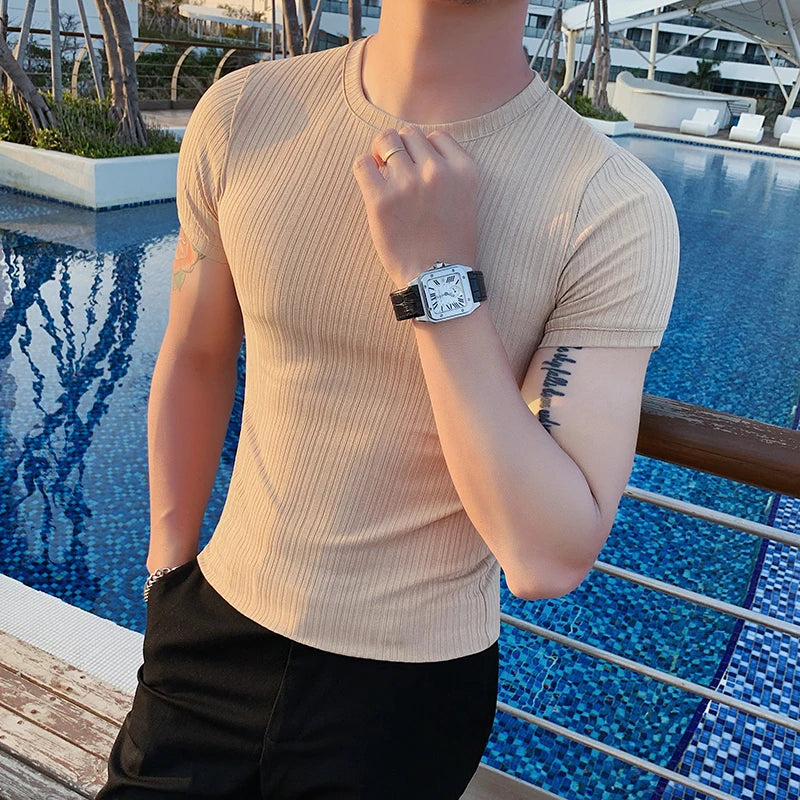 Estilo britânico verão fino gelo seda sólida t camisas roupas masculinas 2022 em torno do pescoço manga curta fino ajuste casual camiseta topo streetwear