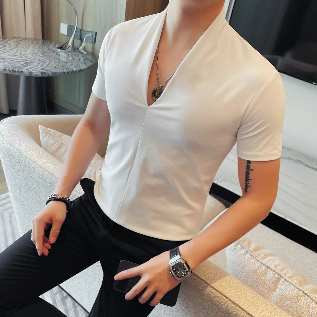 Camiseta masculina com decote em v 2025 verão moda sólida manga curta t camisa masculina fino ajuste casual versátil camisetas topo roupas masculinas