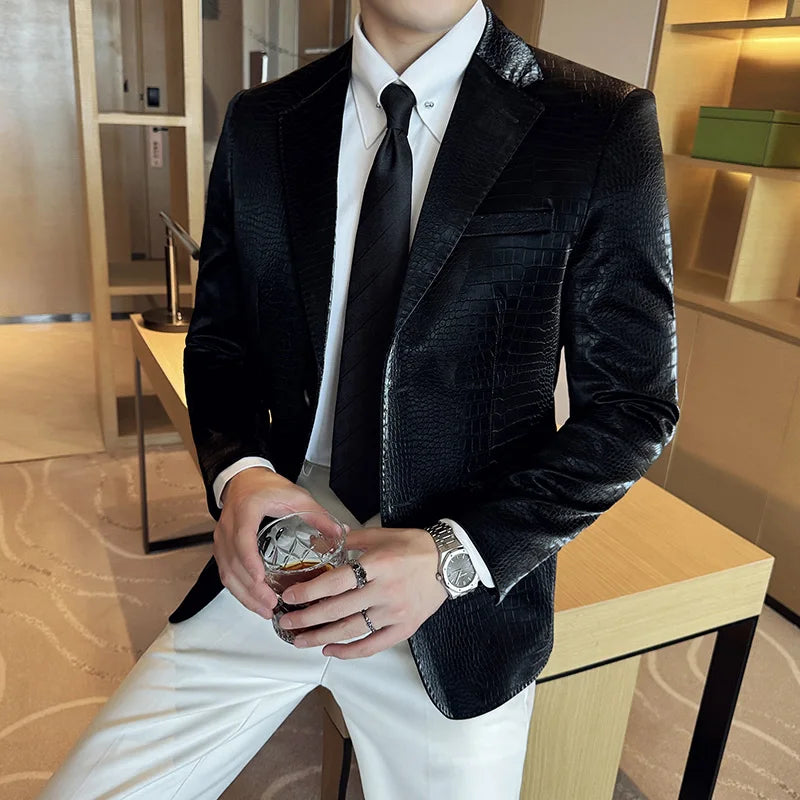 Nova alta qualidade listra de crocodilo fino ajuste jaqueta de couro clássico negócios casual fino ajuste masculino blazer smoking roupas masculinas 4xl-m