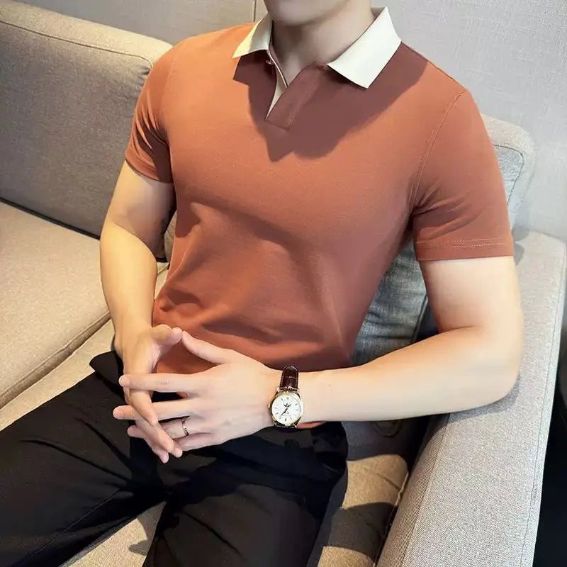 Moda verão cor bloqueada turn down collar polos camisas masculinas de seda gelo manga curta magro casual negócios social camisetas 4xl-m