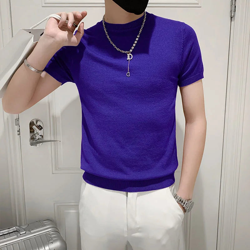 Verão fino pulôver meia gola alta camiseta masculina de malha manga curta topo masculino cor sólida camisola magro camiseta streetwear