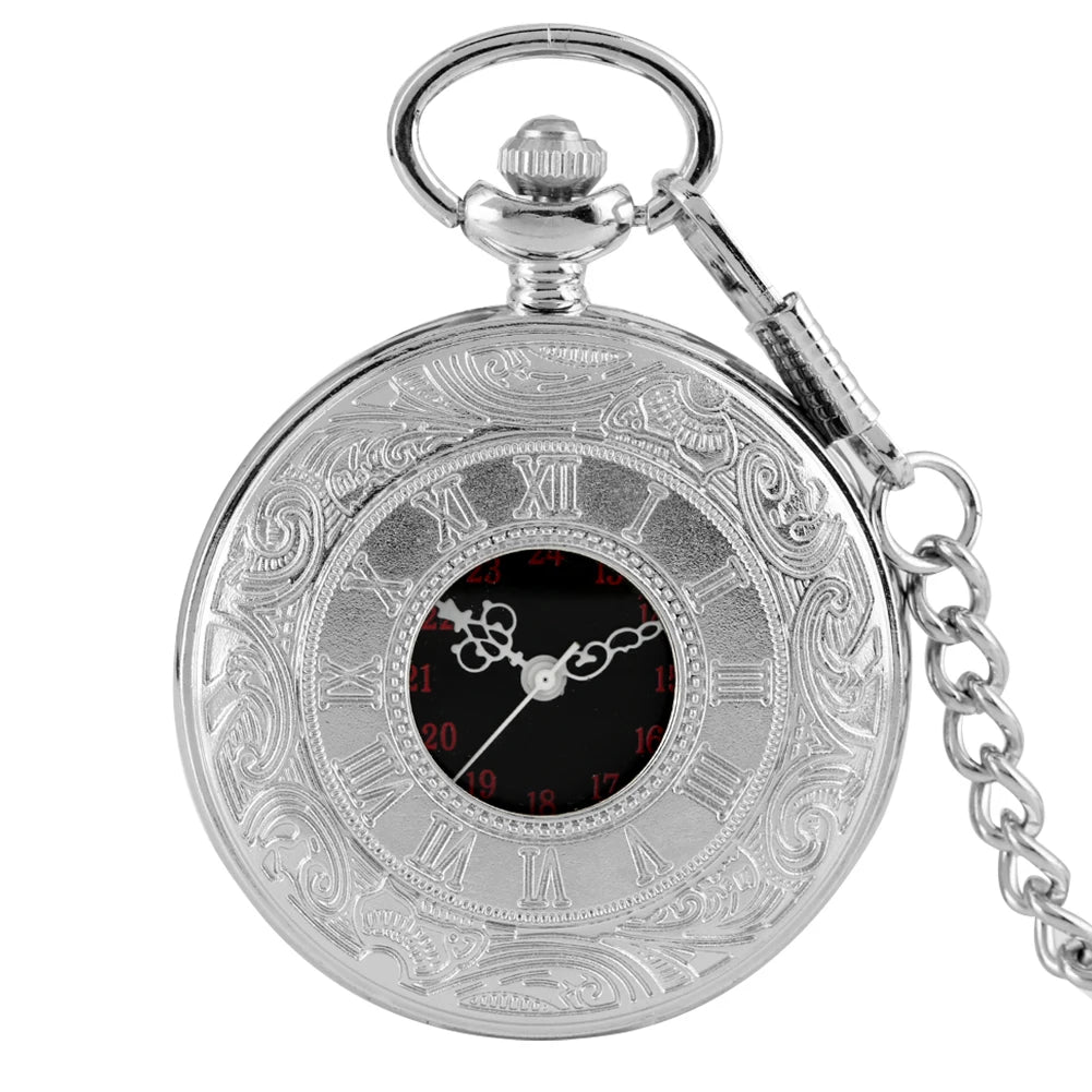 Preto numerais romanos relógio de bolso de quartzo masculino feminino preto oco caso steampunk vintage pingente colar melhores presentes para homens