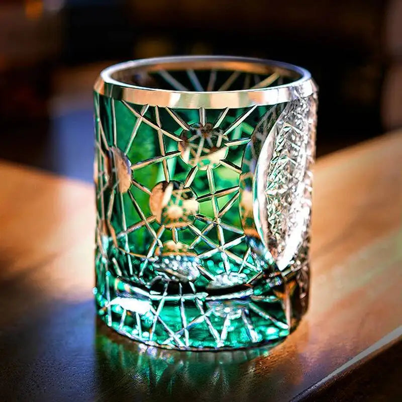 Estrela brilho japão edo kiriko wineglass starlight luxo copo de uísque mão grave cristal verde arte artesanato licor copo de vinho caixa de presente
