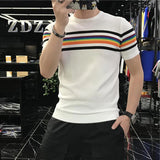Camiseta de malha listra colorida masculina, manga curta, gola O, streetwear casual, verão, 2022