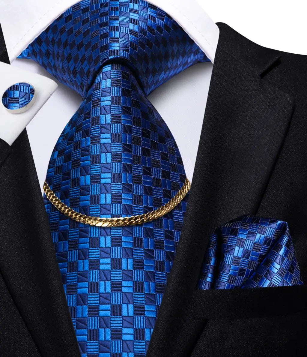 Hi-Tie-Gravatas de seda xadrez de luxo masculinas, conjunto de abotoaduras, design preto, presente de casamento, corrente de gravata moda