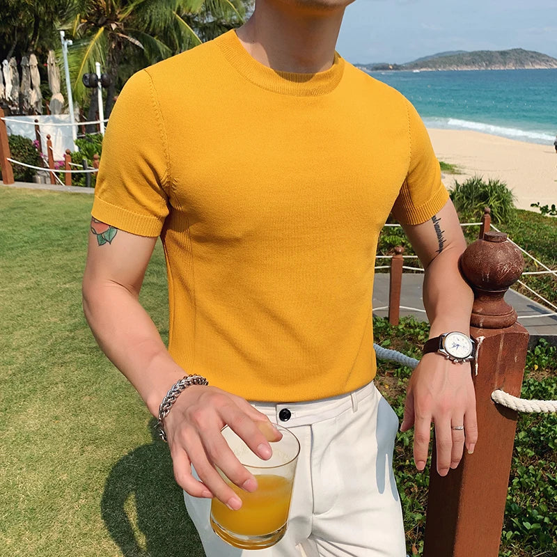 Estilo britânico verão gelo seda manga curta malha t camisas masculinas simples cor pura o-pescoço casual magro camiseta topo homme M-3XL