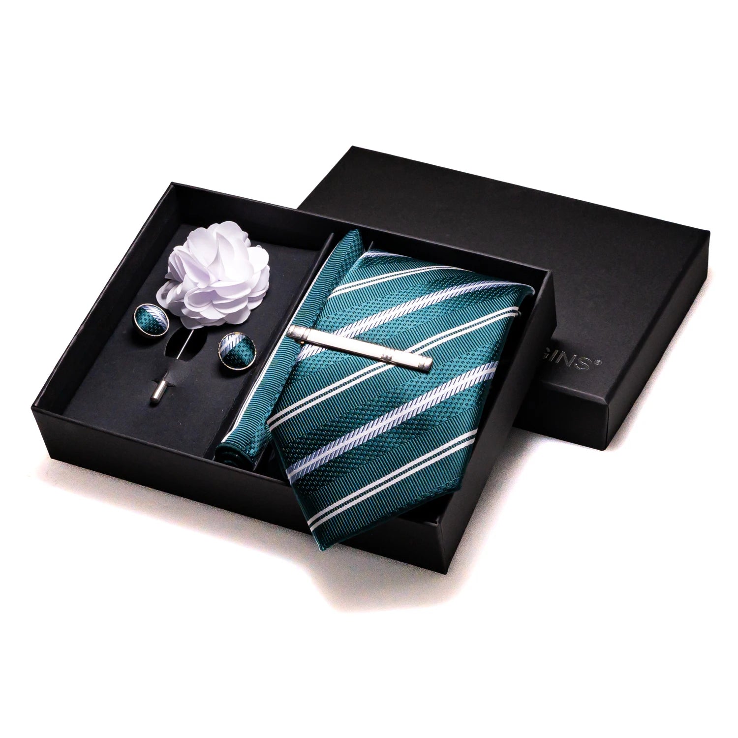 Gravatas luxuosas de seda com listras verdes escuras, acessórios de casamento, gravata masculina, bolso quadrado, abotoaduras, pino e caixa de presente elegante