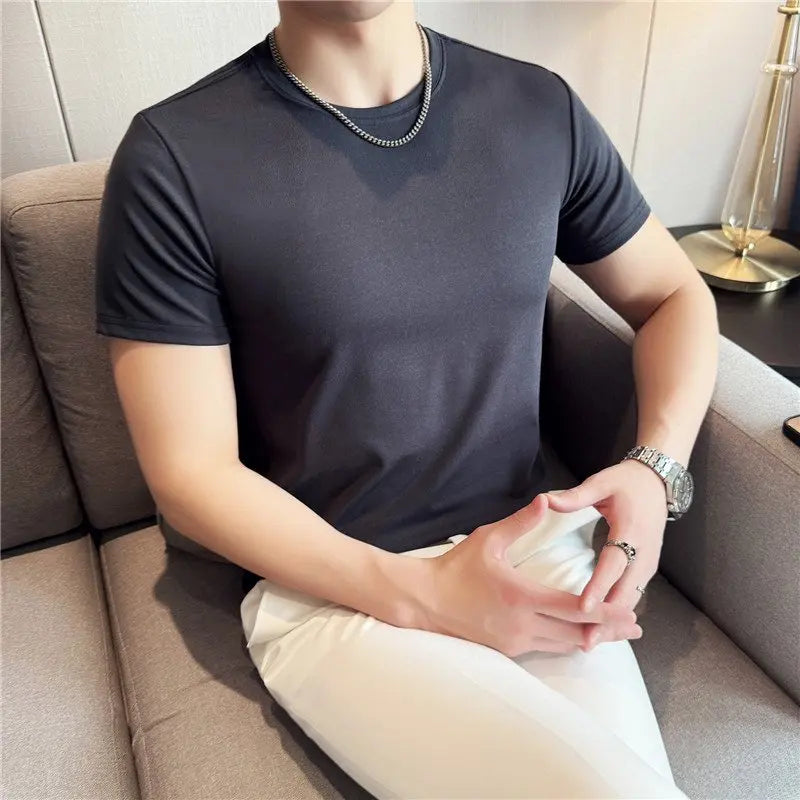 Verão fino gelo seda elástica cor sólida t camisa masculina manga curta fino ajuste gola redonda casual respirável camiseta roupas masculinas