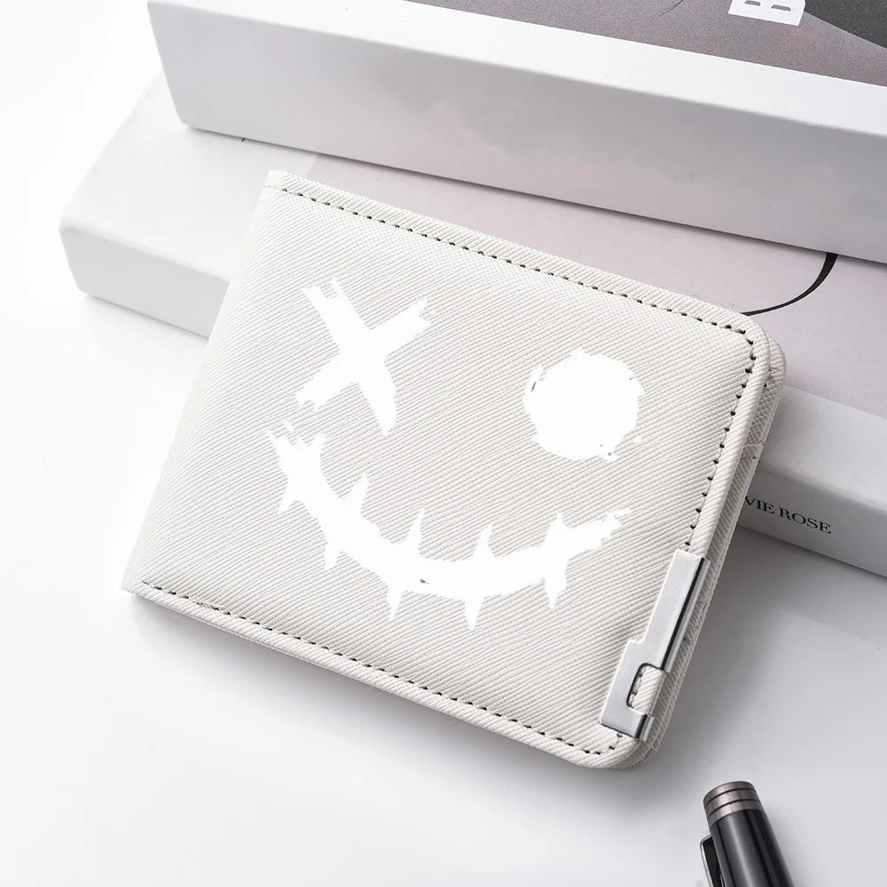 Carteira masculina de couro PU impressa com desenhos animados com vários slots para cartões Slim Funny Expression Design Carteira compacta elegante