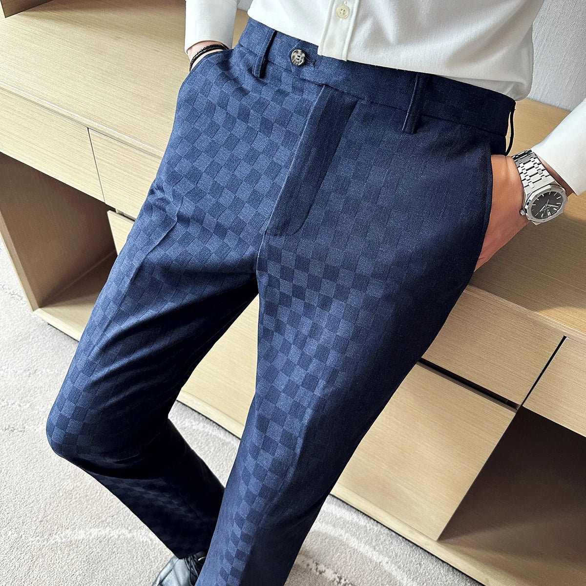 Novos homens casuais xadrez terno calças moda masculina fino ajuste negócios social vestido calças formal casamento festa social calças masculinas