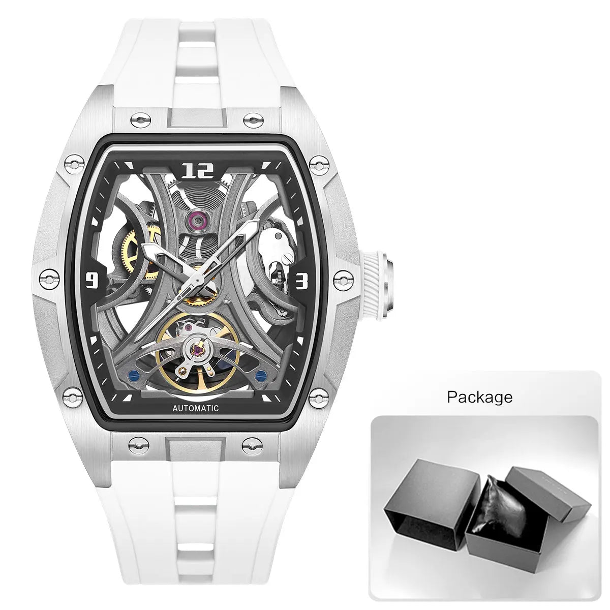MEGIR Moda Esportes Relógio Mecânico para Homens Relógio de Pulso Automático com Pulseira de Silicone Transparente Tonneau Dial
