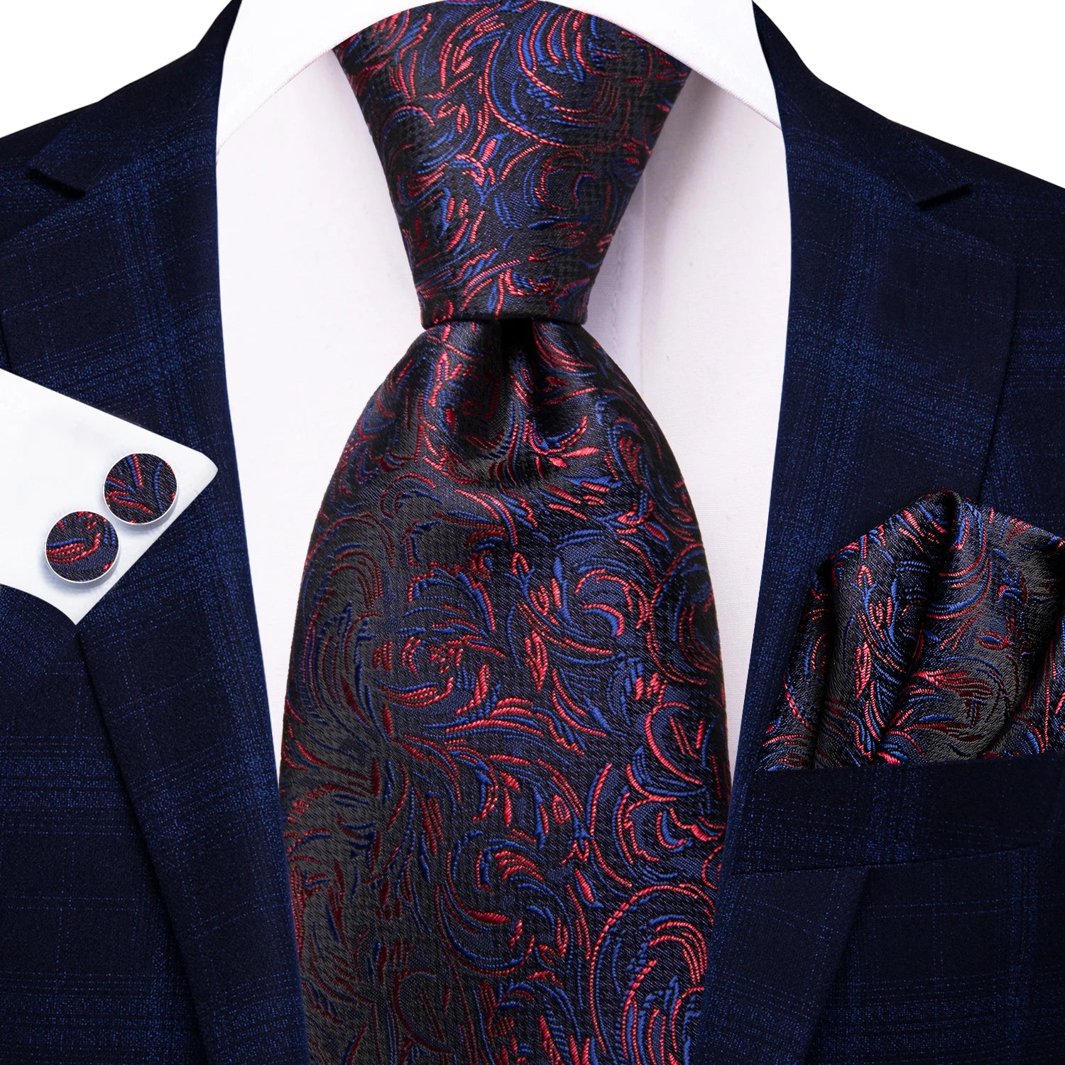 Hi-tie moda 8.5cm preto cinza floral masculino elegante gravata lenço abotoaduras conjunto acessórios de festa de casamento presente para homem gravat