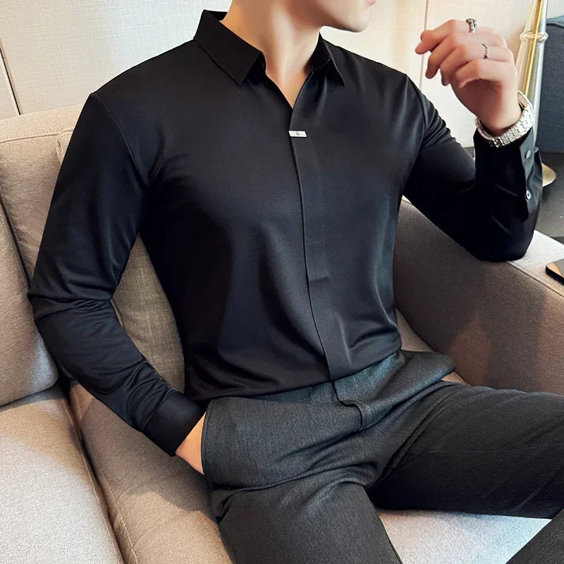 Camisa polo masculina com decote em v, alta elasticidade, sem marcação, alta qualidade, manga comprida, lapela, sólida, slim fit, camiseta casual, roupas masculinas 4xl