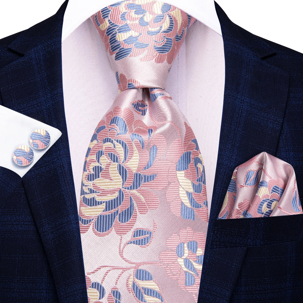 Conjunto clássico de gravata de seda masculino, gravata, floral, rosa, roxo, azul, elegante, lenço, abotoaduras, moda luxuosa, 3 peças