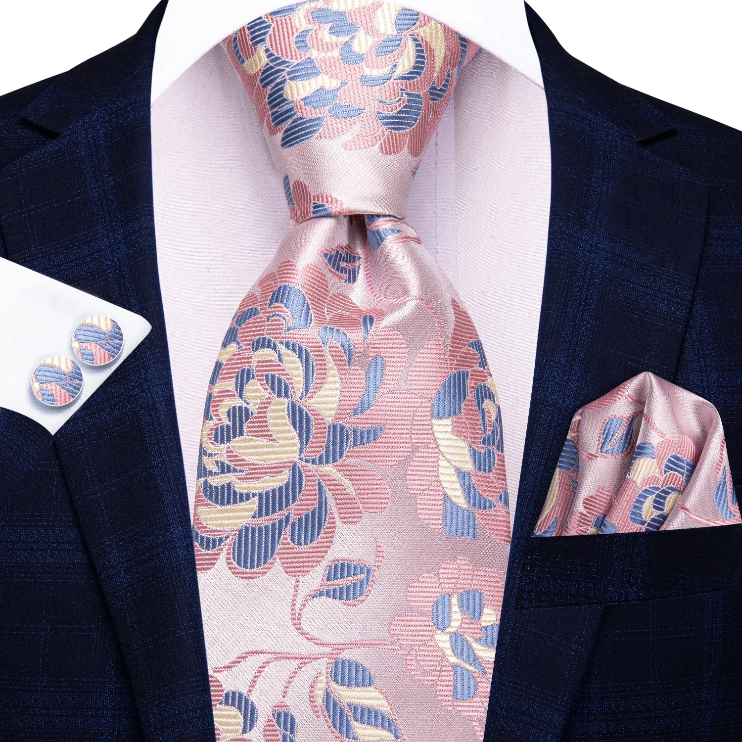 Conjunto clássico de gravata de seda masculino, gravata, floral, rosa, roxo, azul, elegante, lenço, abotoaduras, moda luxuosa, 3 peças