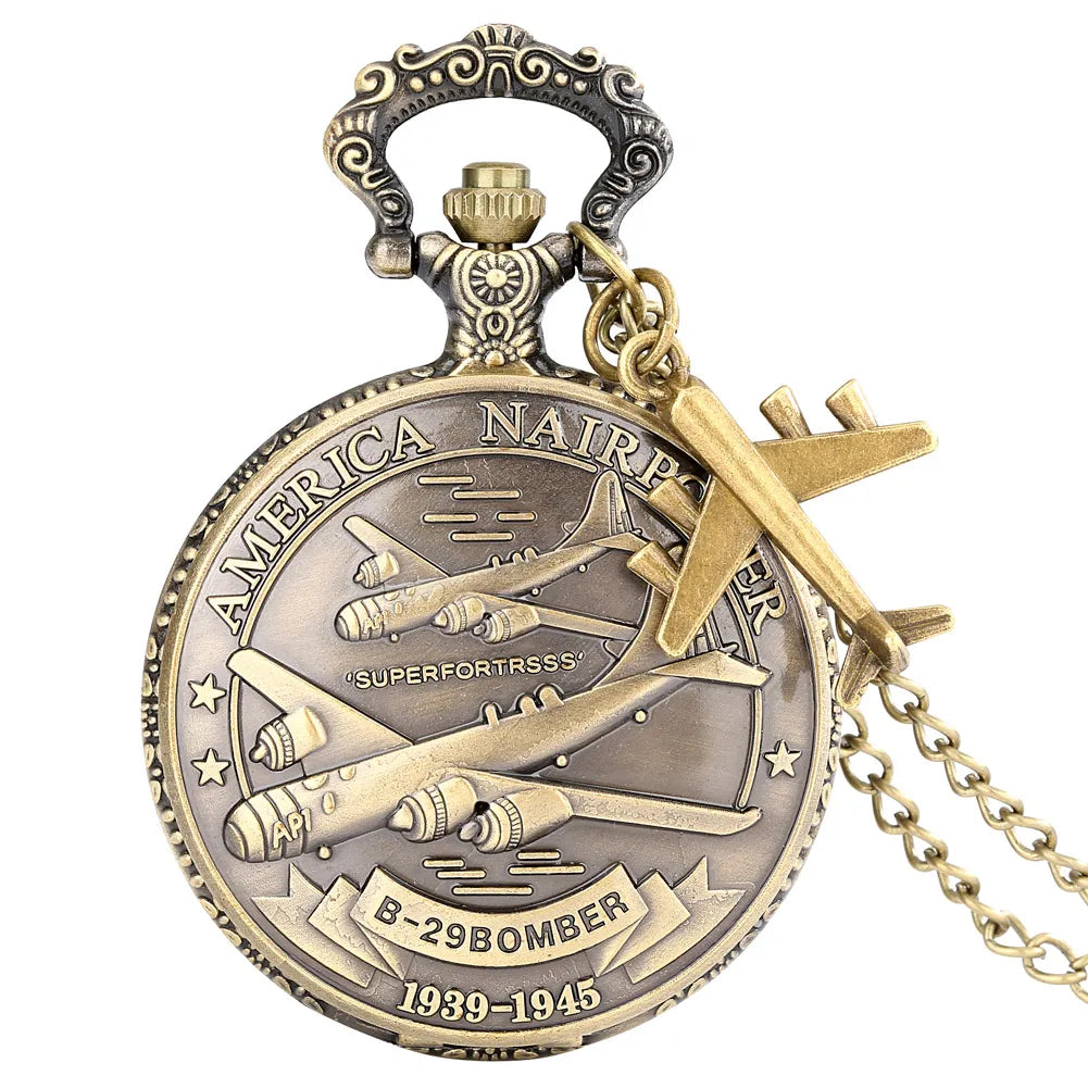 Retro B-29 aeronaves relógio de bolso de quartzo steampunk retro exército militar colar corrente relógio pingente presentes antigos para soldados