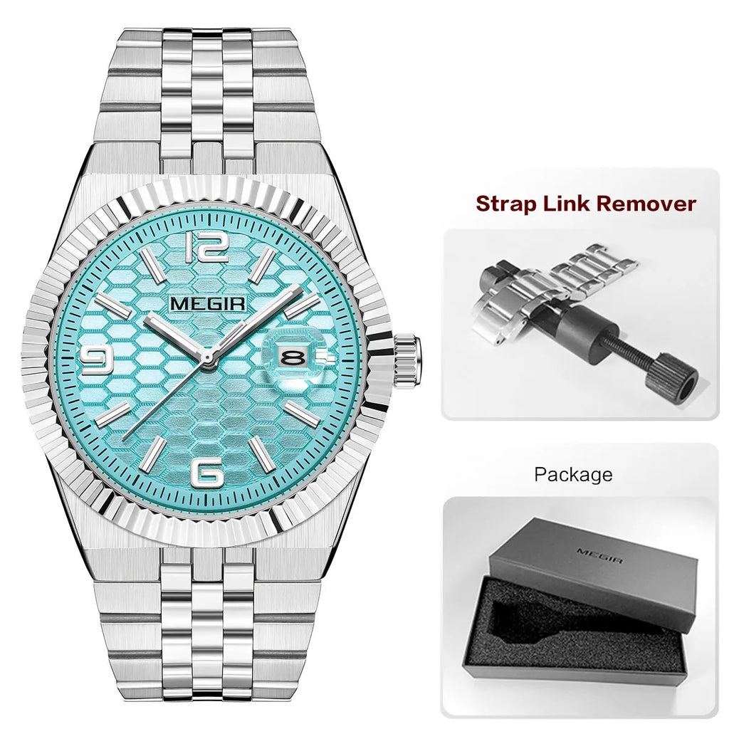 Megir relógio de quartzo estilo simples para homens, relógio de pulso analógico de negócios da moda com pulseira de aço inoxidável, data, mãos luminosas