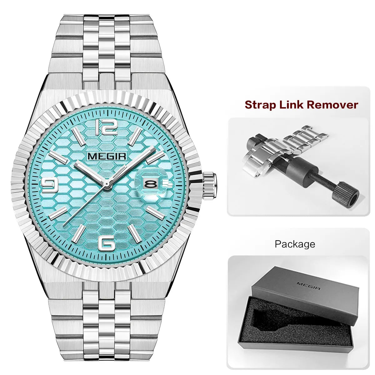 Megir relógio de quartzo estilo simples para homens, relógio de pulso analógico de negócios da moda com pulseira de aço inoxidável, data, mãos luminosas