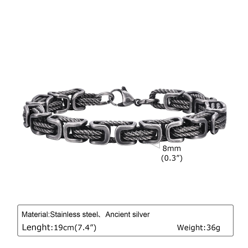 Pulseiras bizantinas grossas masculinas, pulseira retrô cinza de aço inoxidável de 8 mm com elo trançado, joia vintage presente para ele menino