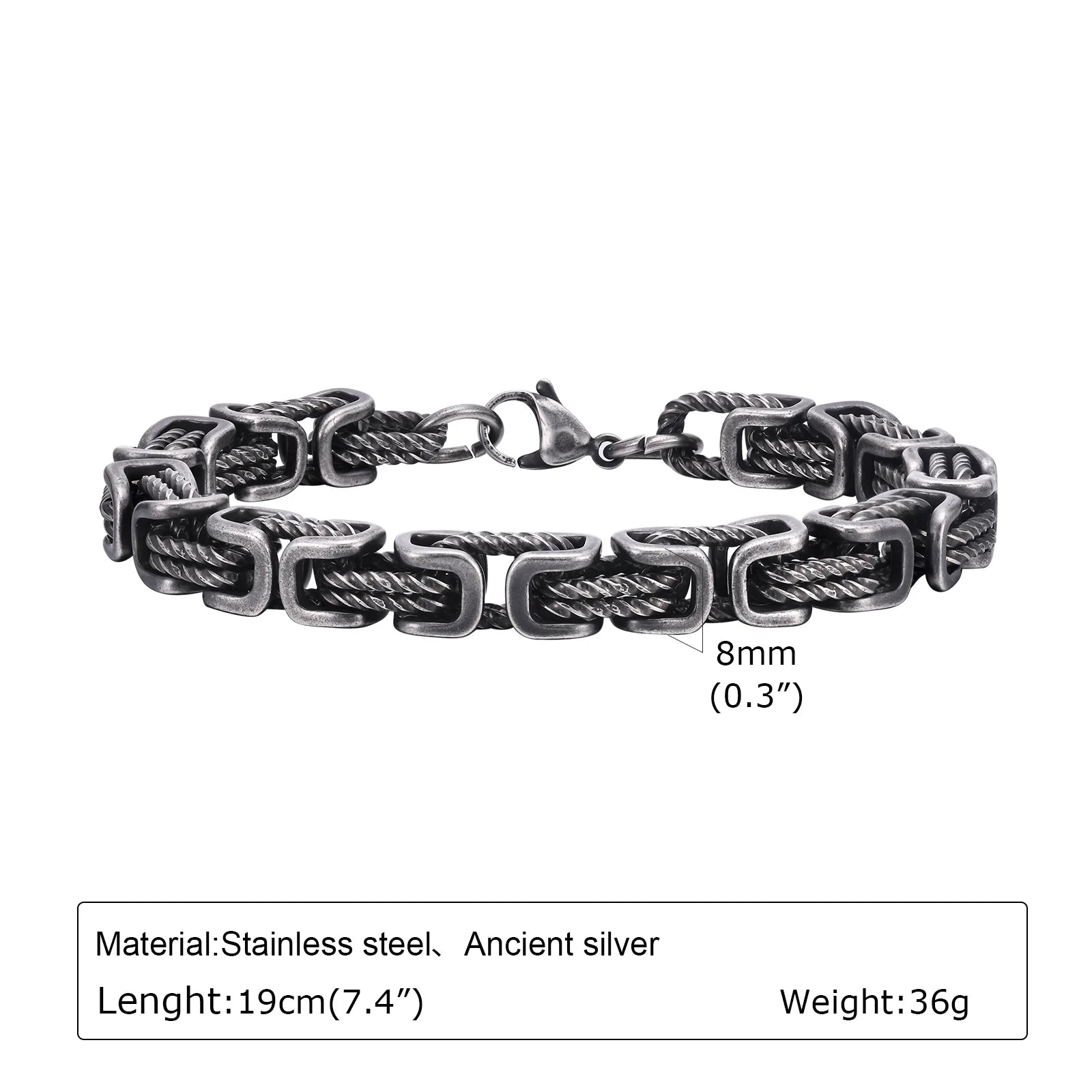 Pulseiras bizantinas grossas masculinas, pulseira retrô cinza de aço inoxidável de 8 mm com elo trançado, joia vintage presente para ele menino