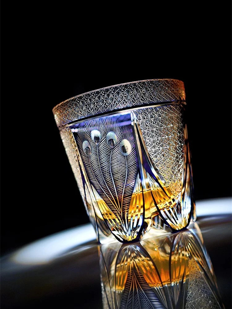 Pavão tela aberta edo kiriko corte manual roxo cristal vidro vinho snifter brandy tumbler rock copos de uísque copo produtos vidreiros
