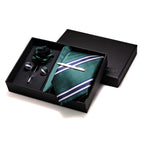 Gravatas luxuosas de seda com listras verdes escuras, acessórios de casamento, gravata masculina, bolso quadrado, abotoaduras, pino e caixa de presente elegante