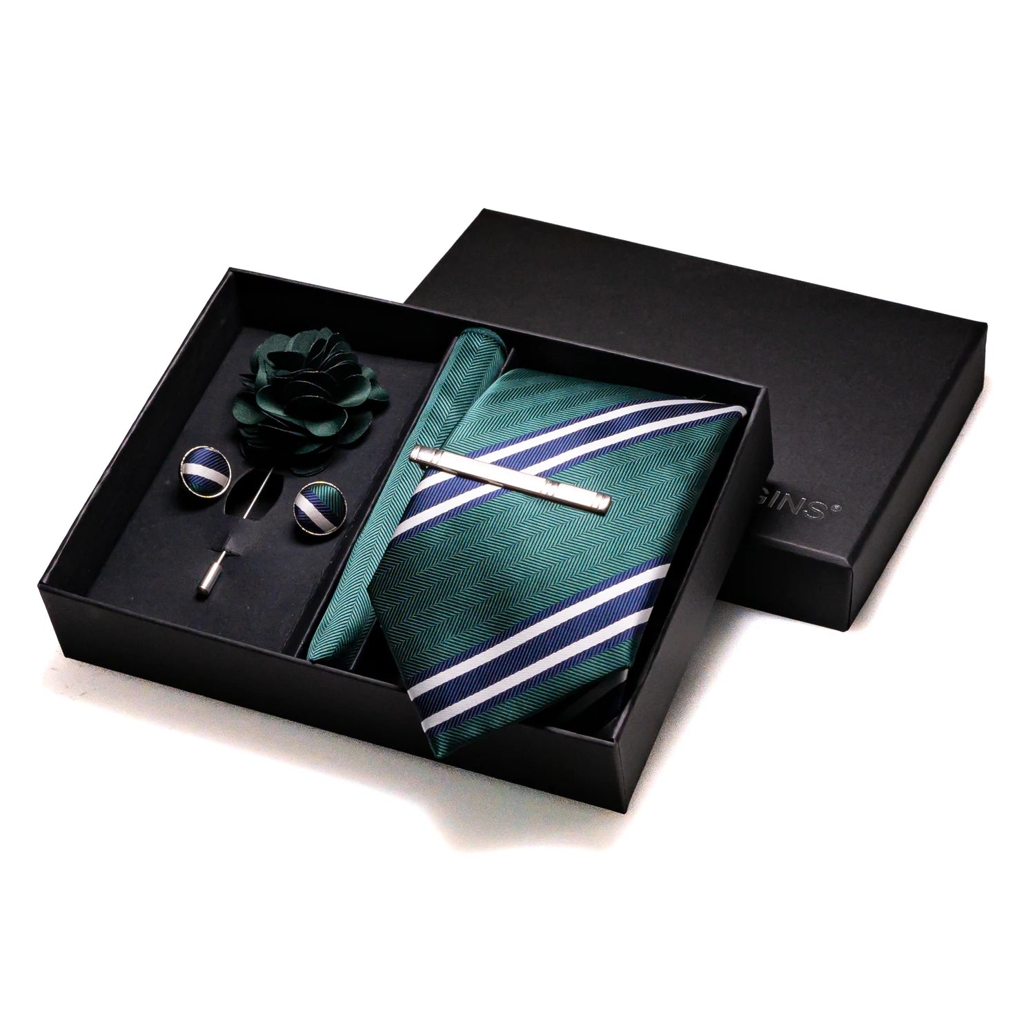 Gravatas luxuosas de seda com listras verdes escuras, acessórios de casamento, gravata masculina, bolso quadrado, abotoaduras, pino e caixa de presente elegante