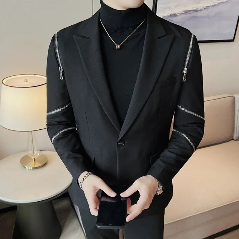 2024 outono novo zíper decoração blazer masculino casual fino ajuste vestido de negócios casacos homme formal baile de formatura smoking roupas masculinas