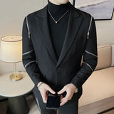 2024 outono novo zíper decoração blazer masculino casual fino ajuste vestido de negócios casacos homme formal baile de formatura smoking roupas masculinas