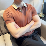 Moda verão cor bloqueada turn down collar polos camisas masculinas de seda gelo manga curta magro casual negócios social camisetas 4xl-m