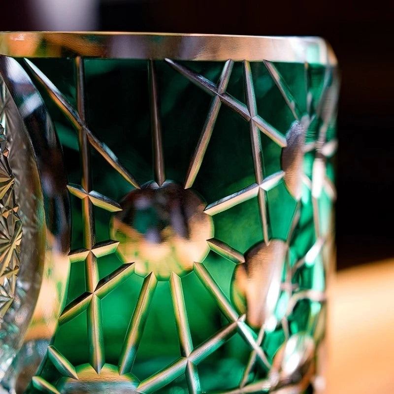 Estrela brilho japão edo kiriko wineglass starlight luxo copo de uísque mão grave cristal verde arte artesanato licor copo de vinho caixa de presente