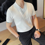 Verão falso 2 peças com decote em v camisetas masculinas 2025 moda sólida fino ajuste casual elástico manga curta camisetas topos roupas masculinas