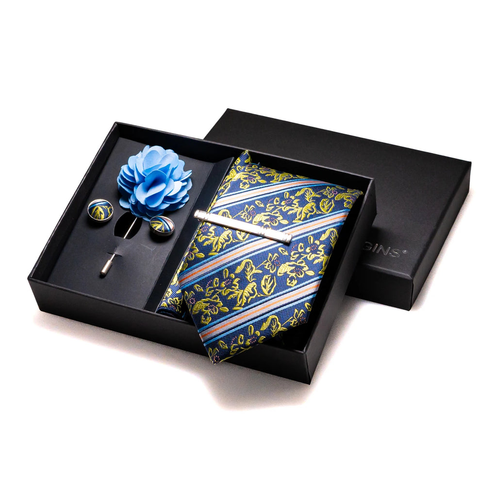 Gravatas luxuosas de seda com listras verdes escuras, acessórios de casamento, gravata masculina, bolso quadrado, abotoaduras, pino e caixa de presente elegante